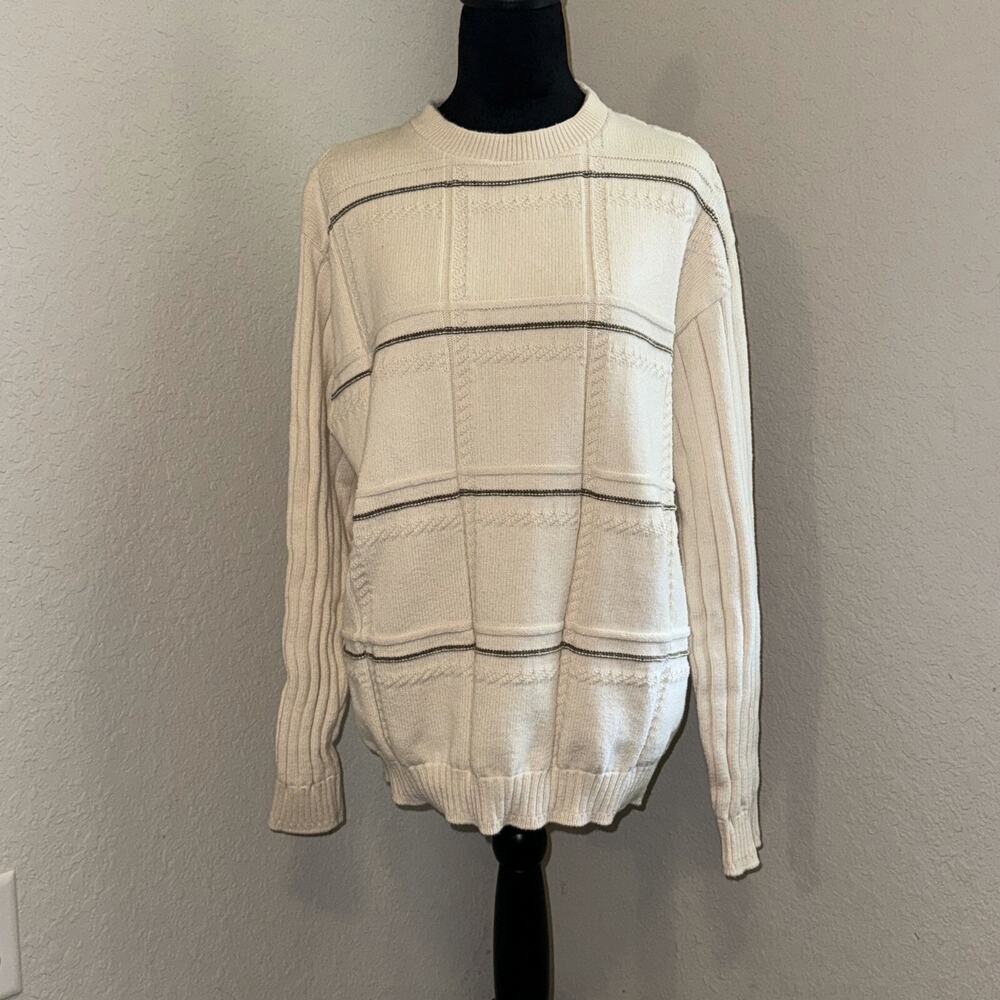 Haggar Sweater Men's Large Ivory Striped Cotton Long Sleeve Crew Neck Pullover